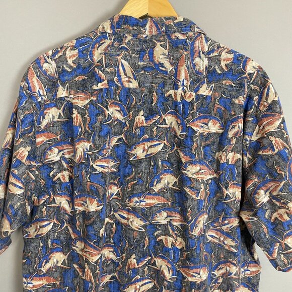 Vintage Hawaiian Shirt Giant Fish Men Scene Short Sleeve Unique Print Button-Up - Picture 6 of 12